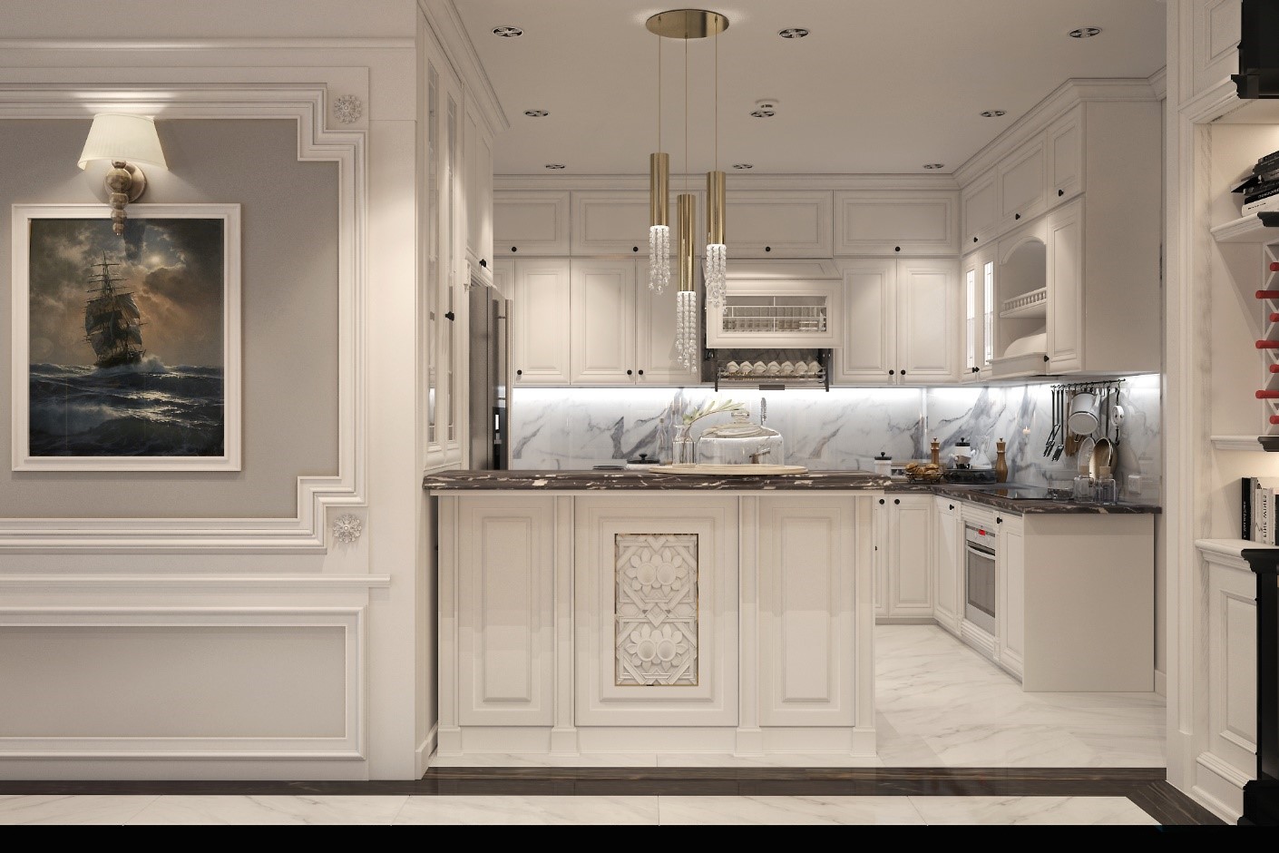 V&acirc;n đ&aacute; độc đ&aacute;o từ đ&aacute; marble tạo n&ecirc;n vẻ đẹp thanh lịch, đẳng cấp cho tường v&agrave; mặt b&agrave;n bếp