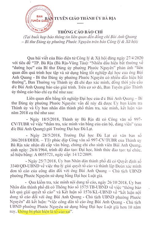 Về “thông báo kết quả giải quyết tố cáo” ở TP Bà Rịa, tỉnh Bà Rịa - Vũng Tàu: Đề nghị Thành ủy Bà Rịa tiếp tục làm rõ nhiều điểm bất thường