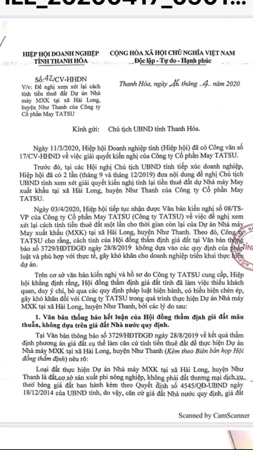 Hiệp hội Doanh nghiệp kiến nghị Chủ tịch tỉnh Thanh H&oacute;a xem x&eacute;t lại gi&aacute; đất để bảo vệ quyền v&agrave; lợi &iacute;ch hợp ph&aacute;p của hội vi&ecirc;n