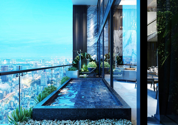 Trong mỗi căn hộ biệt thự giữa lưng chừng trời của Sunshine Crystal River đều c&oacute; những khu vườn xanh, c&oacute; bể bơi với tầm nh&igrave;n kho&aacute;ng đạt to&agrave;n th&agrave;nh phố