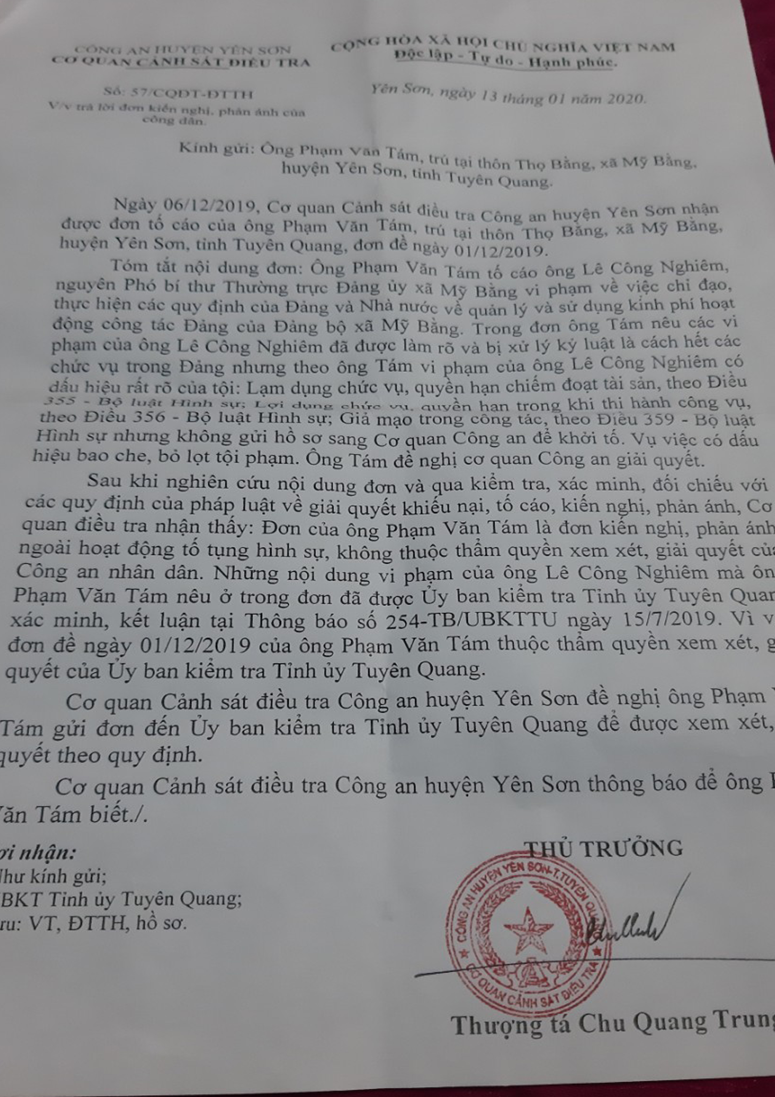 C&ocirc;ng văn trả lời đơn tố c&aacute;o c&ocirc;ng d&acirc;n của C&ocirc;ng an huyện Y&ecirc;n Sơn, do Thượng t&aacute; Chu Quang Trung k&yacute;