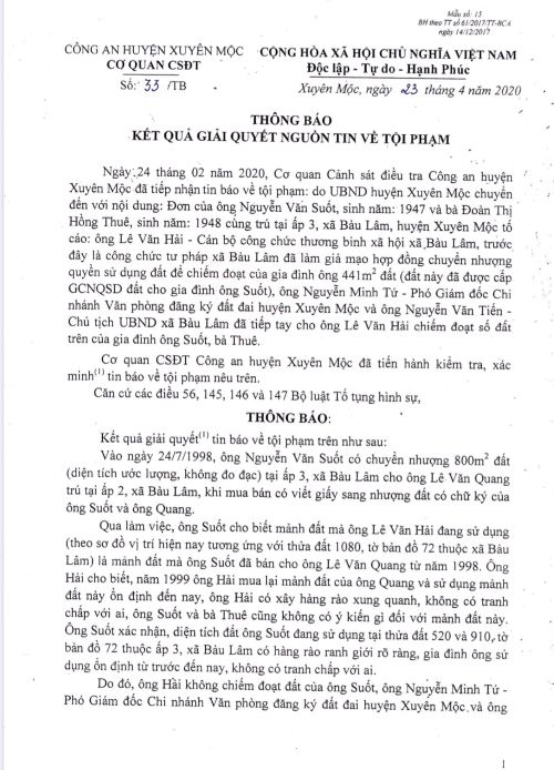 Huyện Xuyên Mộc, tỉnh Bà Rịa-Vũng Tàu: Nhiều mâu thuẫn, khuất tấ trong kết luận đơn tố giác tội phạm