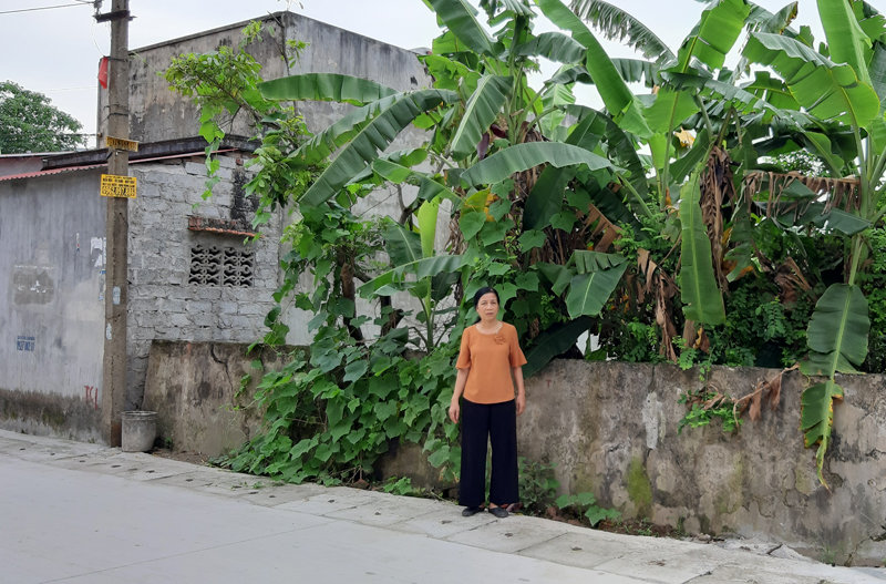 B&agrave; Trần Thị Mai đứng tại thửa đất 63 tờ bản đồ 50 (ph&iacute;a ngo&agrave;i bụi chuối, kh&ocirc;ng liền kề với hộ anh T&uacute; (nh&agrave; đ&atilde; x&acirc;y cạnh cột điện)