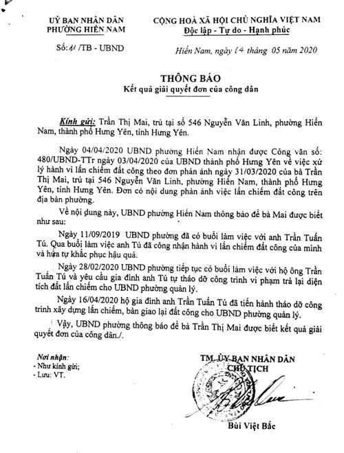 Th&ocirc;ng b&aacute;o số 11 kết luận anh T&uacute; đ&atilde; tự th&aacute;o dỡ c&ocirc;ng tr&igrave;nh sai phạm lấn chiếm trả lại đất cho UBND phường
