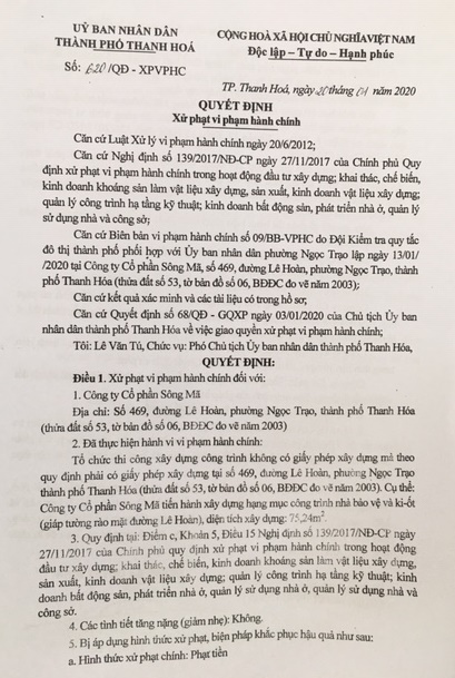 Thanh Hóa: UBND TP có dung túng cho Công ty CP Sông Mã xây nhà không phép?