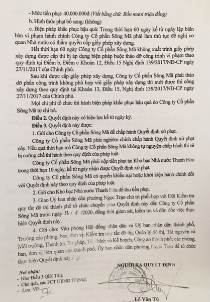 2-UBND th&agrave;nh phố Thanh H&oacute;a ra quyết định xử phạt h&agrave;nh ch&iacute;nh đồng thời ra hạn 60 ng&agrave;y để C&ocirc;ng ty CP S&ocirc;ng M&atilde; ho&agrave;n thiện hồ sơ