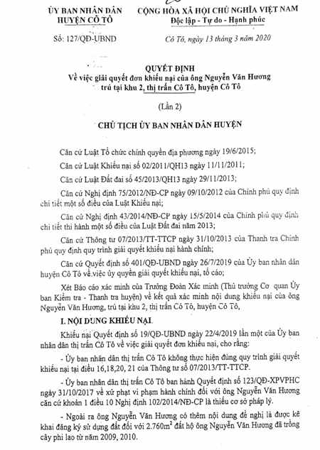 Quyết định giải quyết khiếu nại của UBND huyện C&ocirc; T&ocirc;