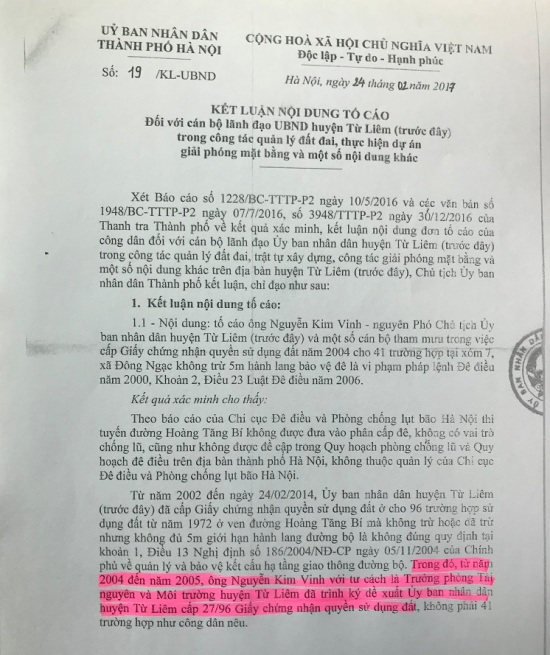 Kết luận số 19/2017 của UBND TƠ về sai phạm của c&aacute;n bộ quận Bắc Từ Li&ecirc;m