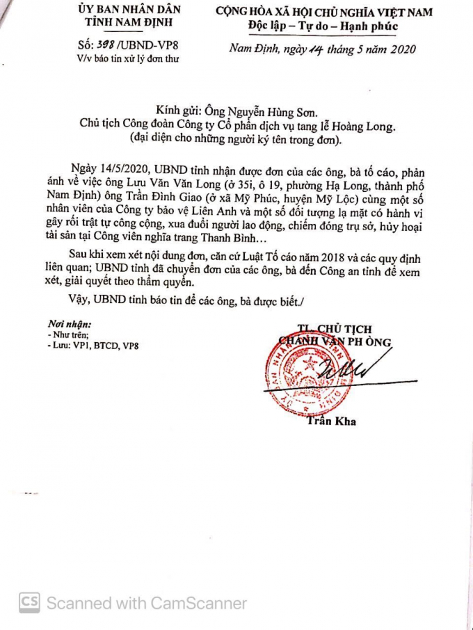 Một trong c&aacute;c văn bản gửi người lao động của UBND tỉnh Nam Định