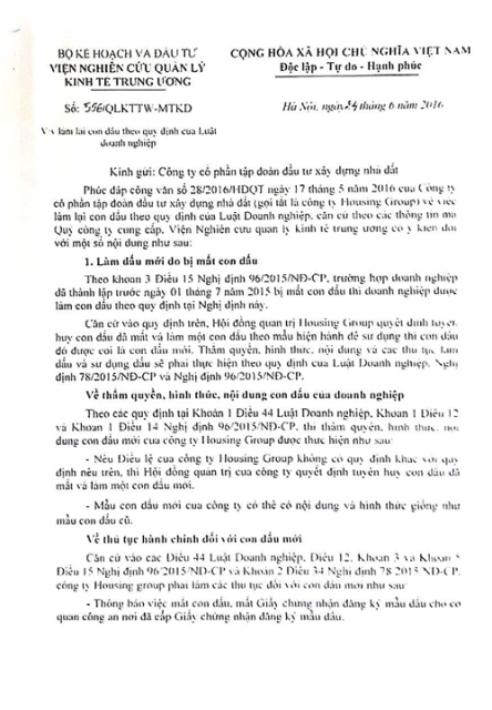 Văn bản của Viện Nghi&ecirc;n cứu kinh tế Trung ương khẳng định Housing Group được ph&eacute;p sử dụng con dấu do HĐQT quyết định l&agrave;m mới