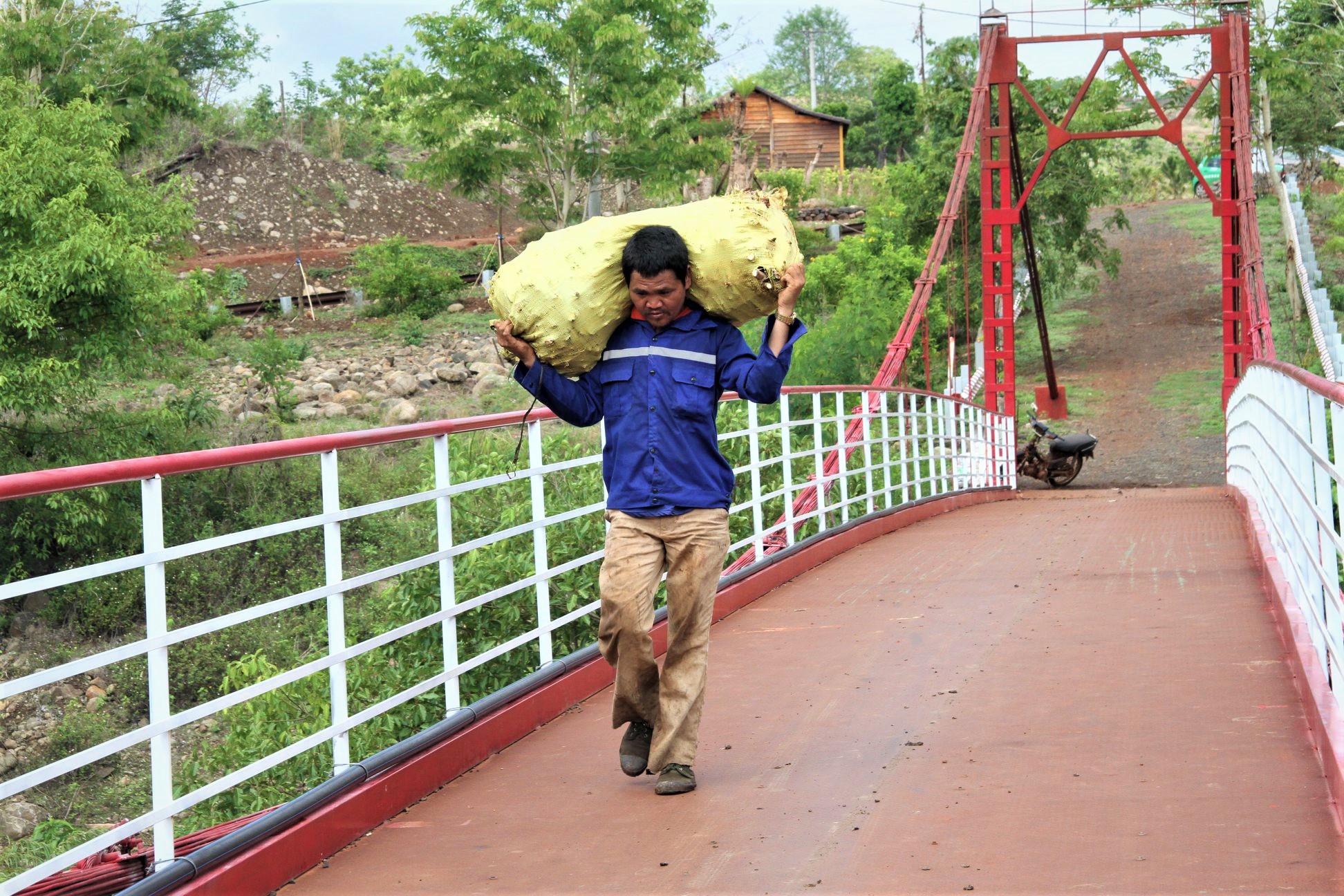 Anh n&ocirc;ng d&acirc;n bỏ xe lại, lẳng chiếc bao đầy bắp l&ecirc;n vai rồi thoăn thoắt bước đi...