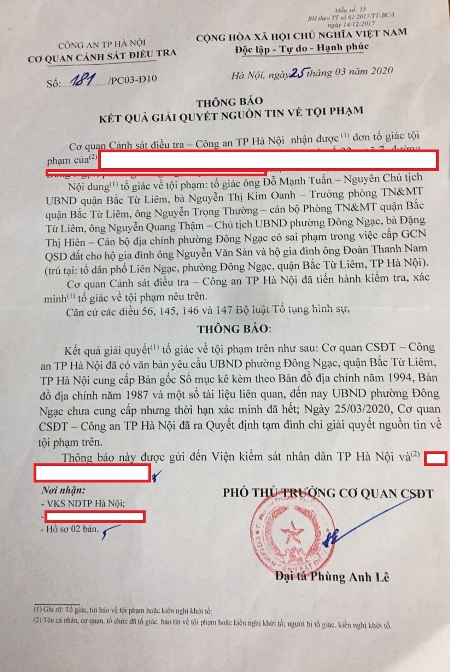 Th&ocirc;ng b&aacute;o 181 tạm đ&igrave;nh chỉ giải quyết nguồn tin tố gi&aacute;c tội phạm do UBND phường Đ&ocirc;ng Ngạc kh&ocirc;ng cung cấp hồ sơ