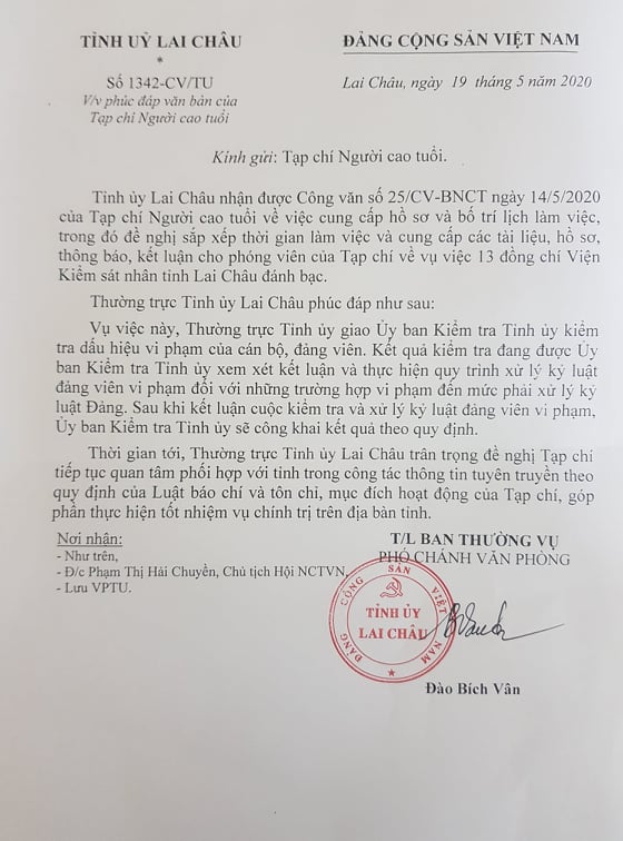 Tỉnh ủy Lai Ch&acirc;u c&oacute; C&ocirc;ng văn ph&uacute;c đ&aacute;p về việc 13 đồng ch&iacute; Viện KSND tỉnh Lai Ch&acirc;u đ&aacute;nh bạc