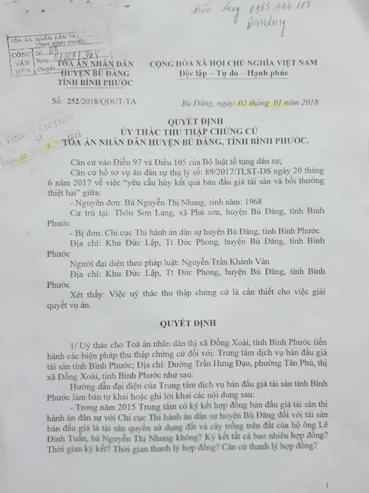 Quyết định số: 252/2018/QĐUT-TA, Ủy th&aacute;c thu thập chứng cứ cho TAND thị x&atilde; Đồng Xo&agrave;i, tỉnh B&igrave;nh Phước.