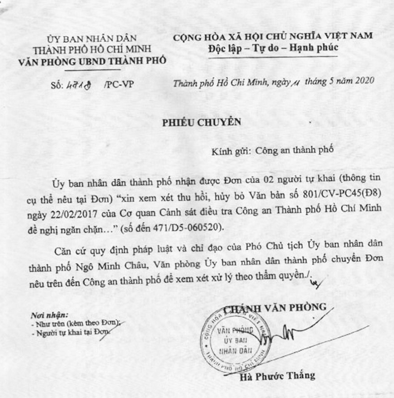 Phiếu chuyển số 471/PC-VP ng&agrave;y 11/5/2020, gửi C&ocirc;ng an TP Hồ Ch&iacute; Minh về nội dung chỉ đạo của &ocirc;ng Ng&ocirc; Minh Ch&acirc;u, Ph&oacute; Chủ tịch UBND TP Hồ Ch&iacute; Minh.