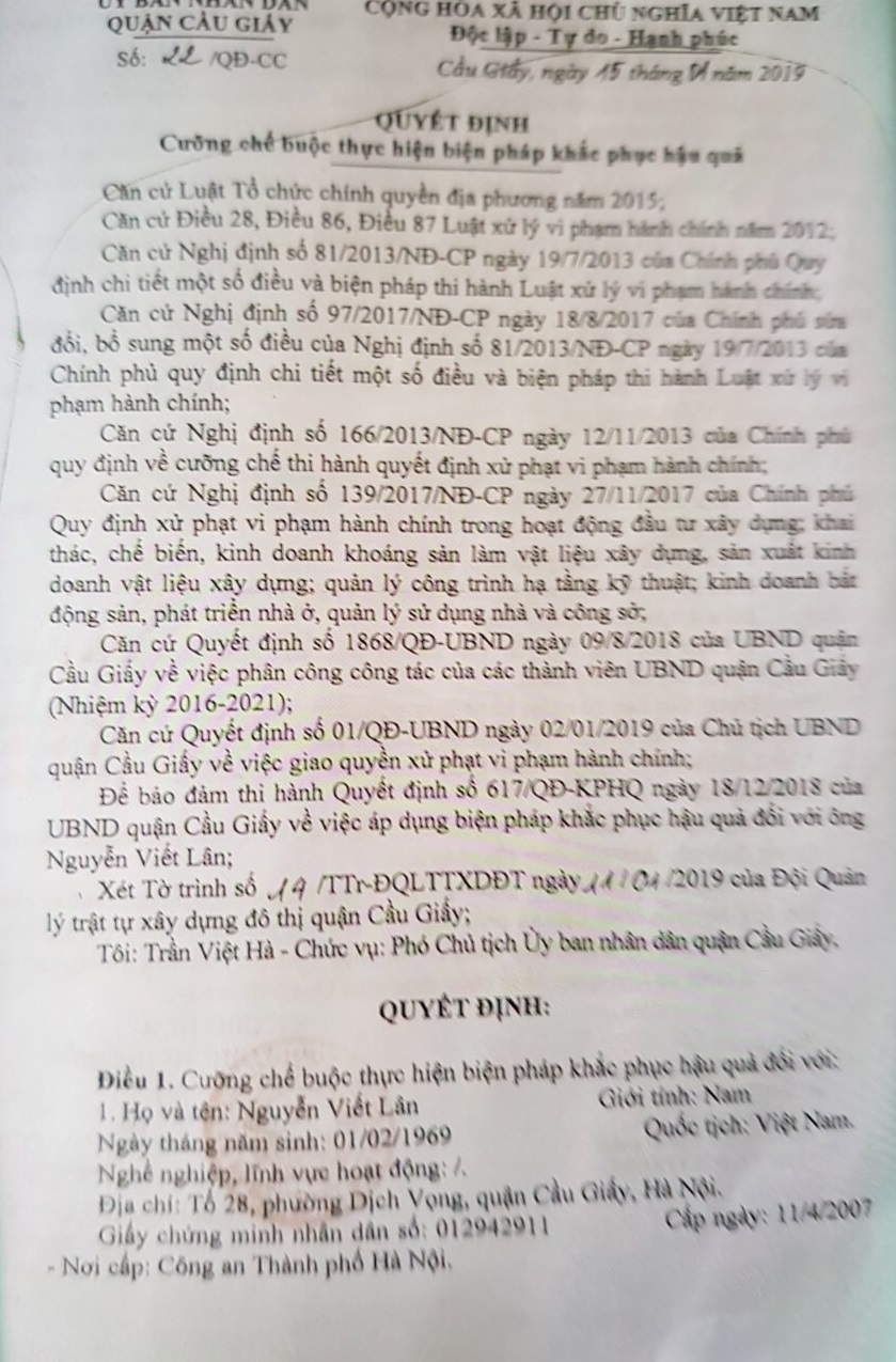 Quyết định cưỡng chế số 22 c&ugrave;ng chữ k&iacute; của người c&oacute; thẩm quyền nhưng chưa được thực hiện tr&ecirc;n thực tế