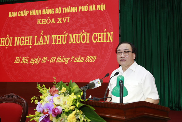 B&iacute; thư Th&agrave;nh ủy H&agrave; Nội Ho&agrave;ng Trung Hải ph&aacute;t biểu chỉ đạo tại Hội nghị. (Ảnh:TH)