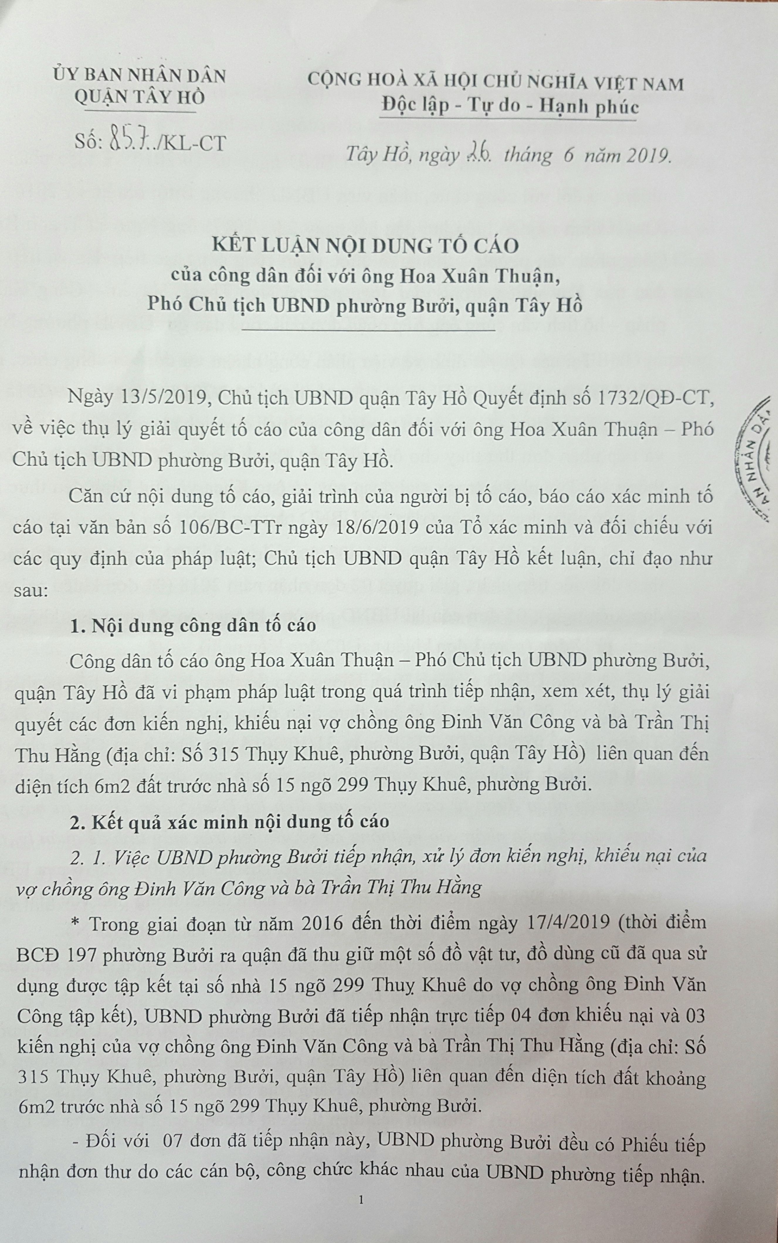 Chủ tịch UBND quận T&acirc;y Hồ ban h&agrave;nh Kết luận số 857/KL-CT ng&agrave;y 26/6/2019