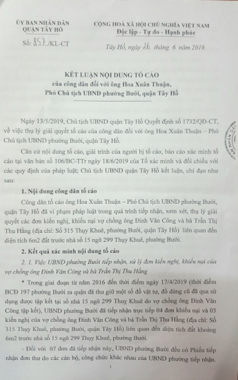 Hà Nội:  Chủ tịch UBND quận Tây Hồ yêu cầu UBND phường Bưởi kiểm điểm, làm rõ trách nhiệm của các cá nhân