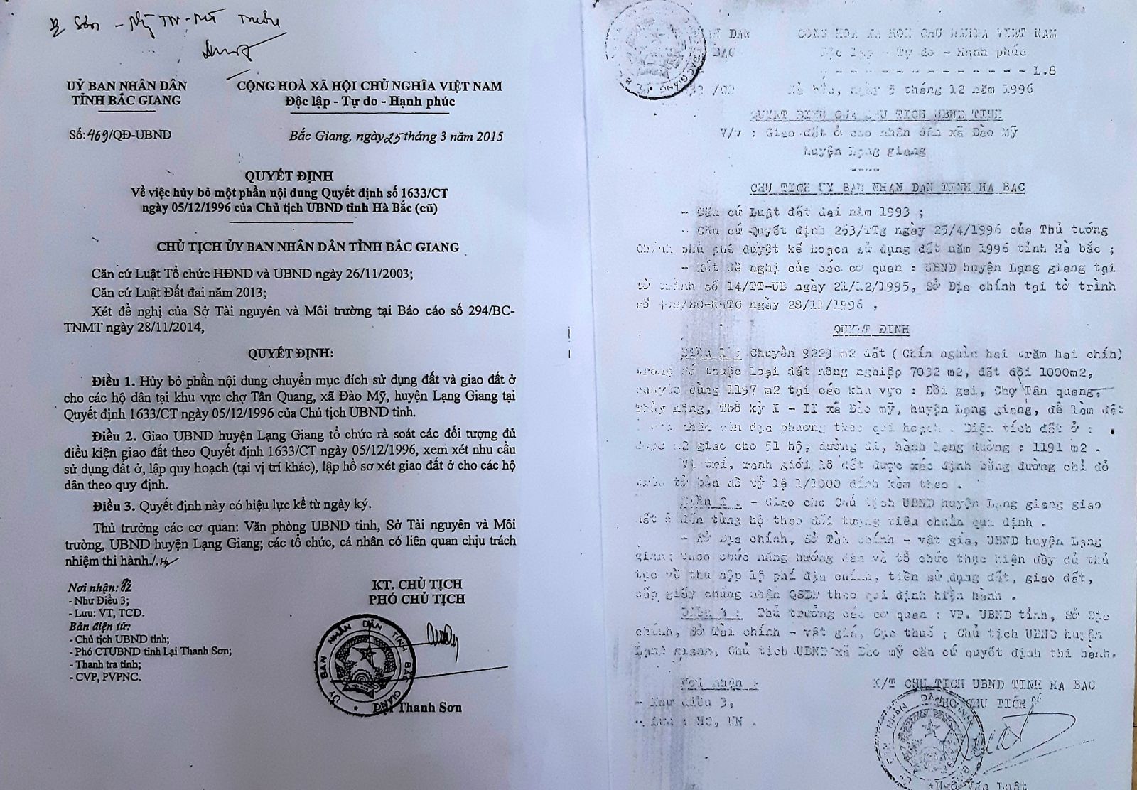 Quyết định số 469/QĐ-UBND năm 2015 hủy một phần Quyết định số 1633/CT năm 1996