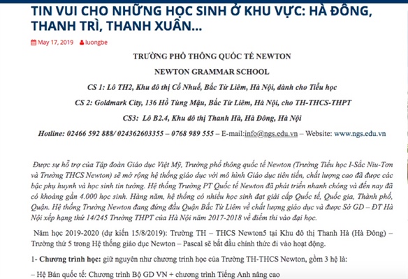 Trường tiểu học Newton vẫn tiếp tục tuyển sinh