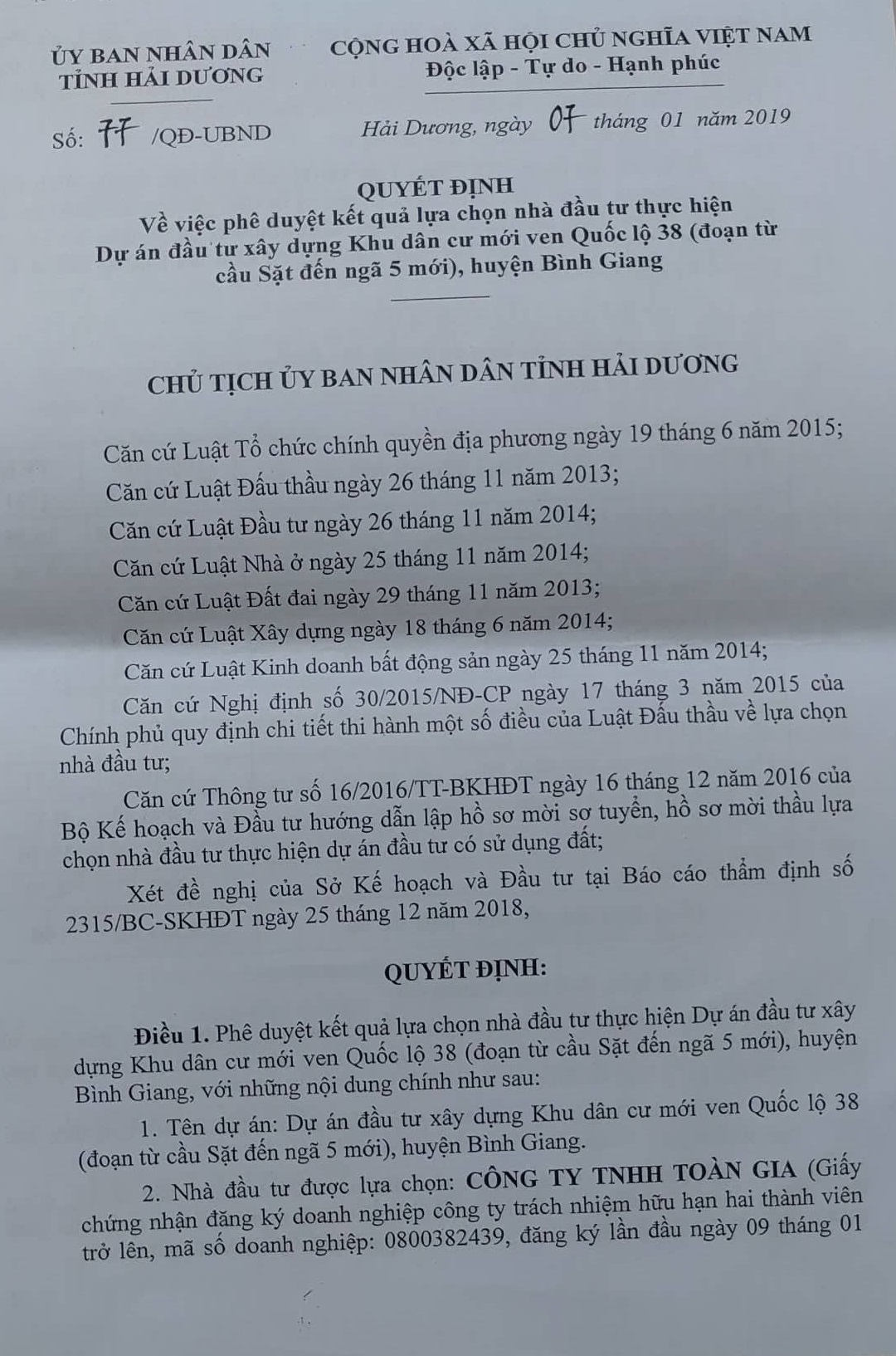Huyện Bình Giang, Hải Dương: Chưa GPMB xong, Công ty TNHH Toàn Gia đã san lấp gần xong dự án?