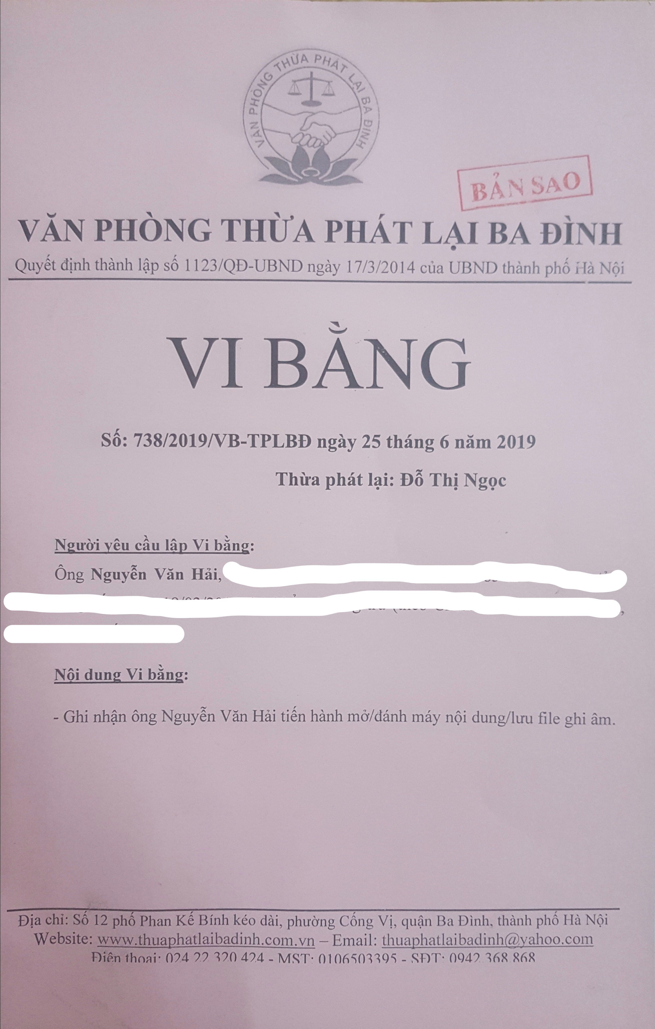 Vi bằng số 738/2018VB-TPLBD ng&agrave;y 20/6/2019, ghi nhận lại cuộc trao đổi giữa &ocirc;ng Thạch v&agrave; ph&oacute;ng vi&ecirc;n
