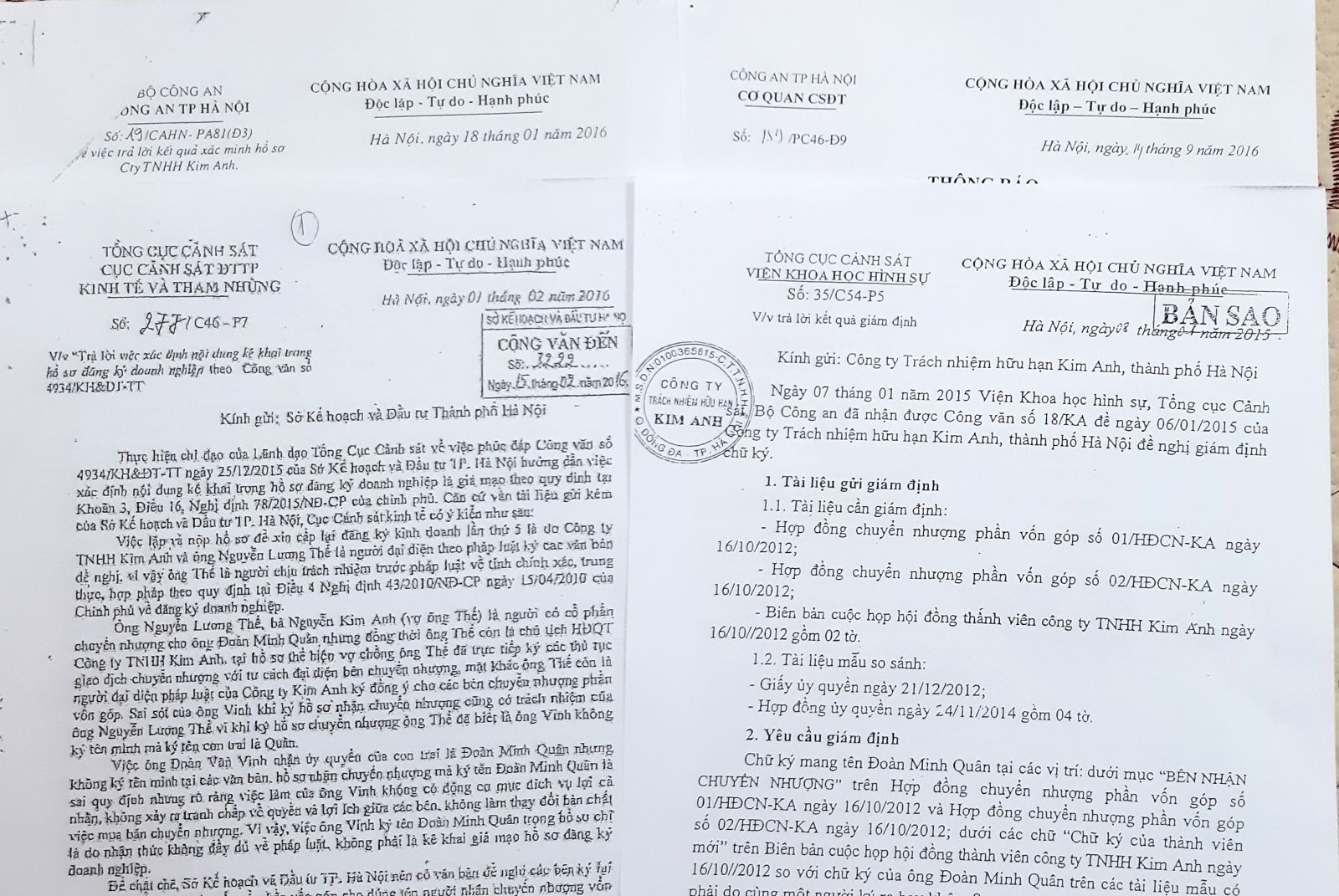 C&aacute;c Văn bản kết luận về chữ k&iacute; giả của &ocirc;ng Vinh v&agrave; kh&ocirc;ng c&oacute; thật việc &ocirc;ng Qu&acirc;n c&oacute; 50 tỉ vốn điều lệ của C&ocirc;ng ty Kim Anh