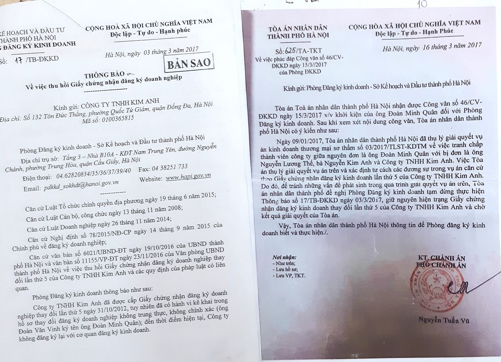 Th&ocirc;ng b&aacute;o số 17 v&agrave; Văn bản số 625 của TAND TP