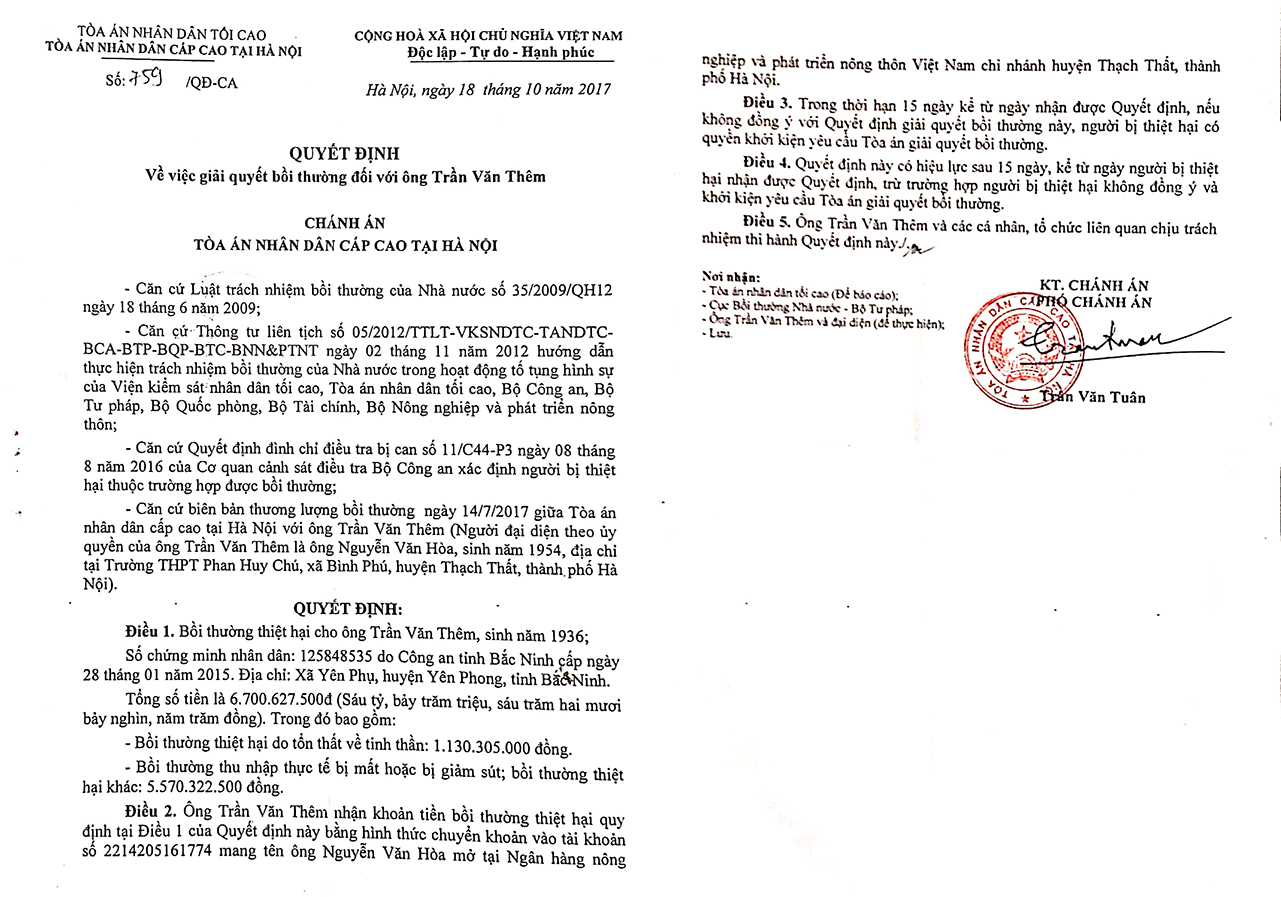 Quyết định giải quyết bồi thường cho cụ Trần Văn Th&ecirc;m