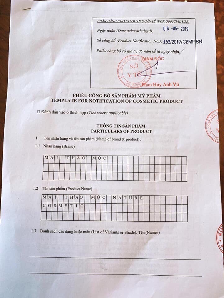 2.H&igrave;nh ảnh chụp phiếu c&ocirc;ng bố được cho l&agrave; của sản phẩm Mai Thảo Mộc do Sở Y tế Đồng Nai cấp