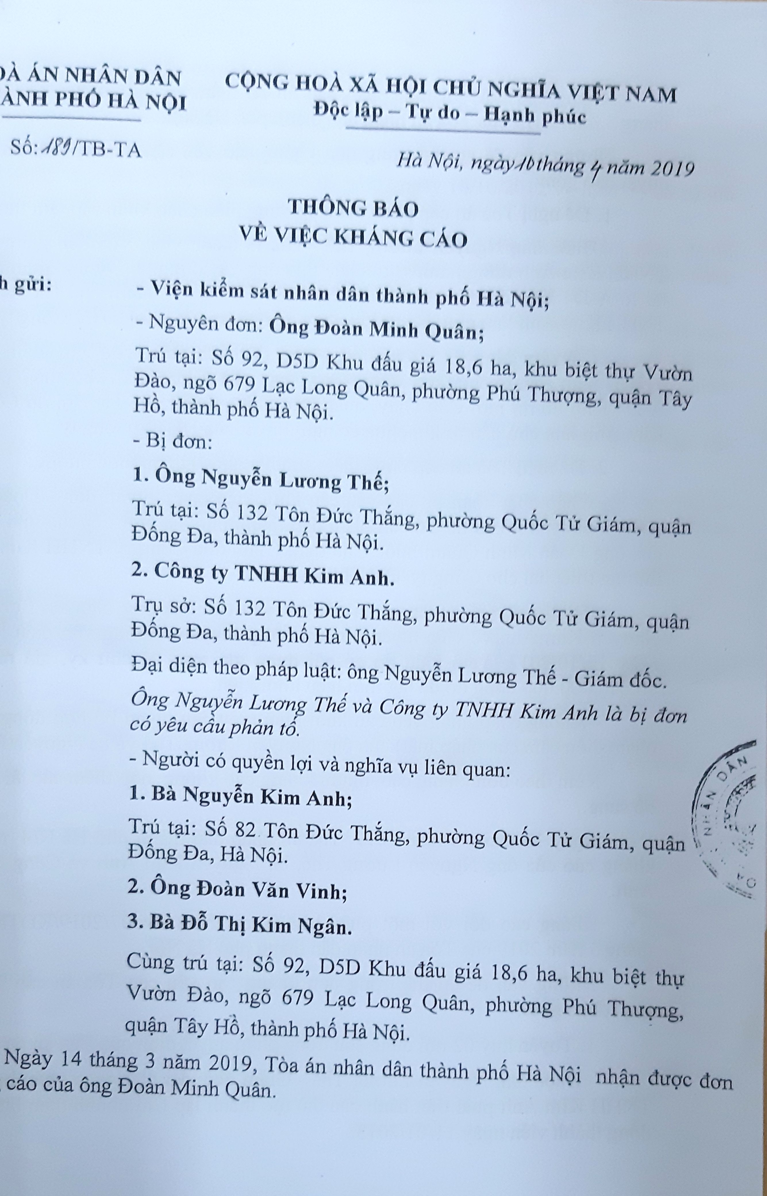 Th&ocirc;ng b&aacute;o kh&aacute;ng c&aacute;o cảu &ocirc;ng Đo&agrave;n Minh Qu&acirc;n v&agrave; &ocirc;ng Nguyễn Lương Thế