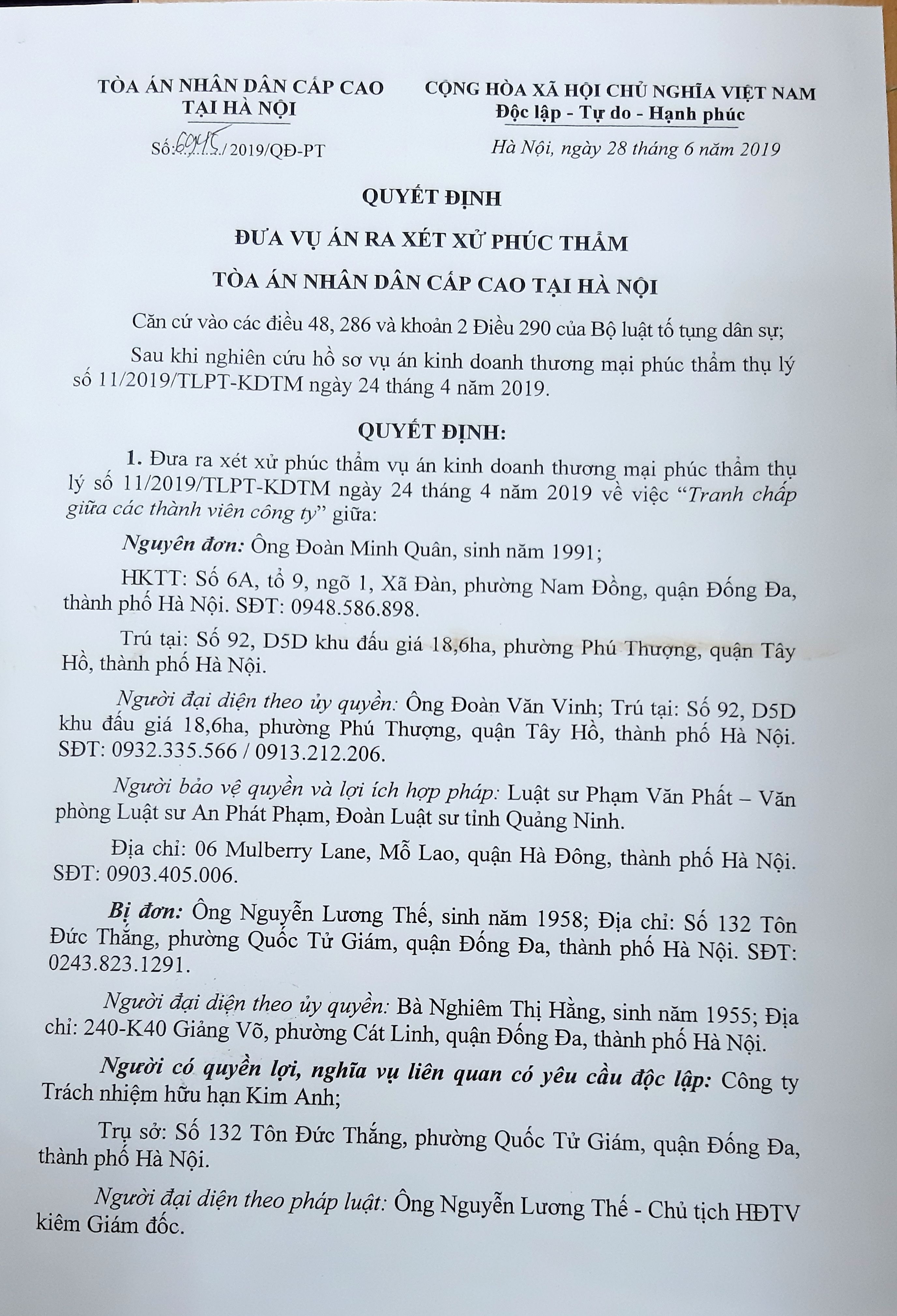 Quyets định đưa ra x&eacute;t xử phuc sthaamr vụ kiện C&ocirc;ng ty Kim Anh