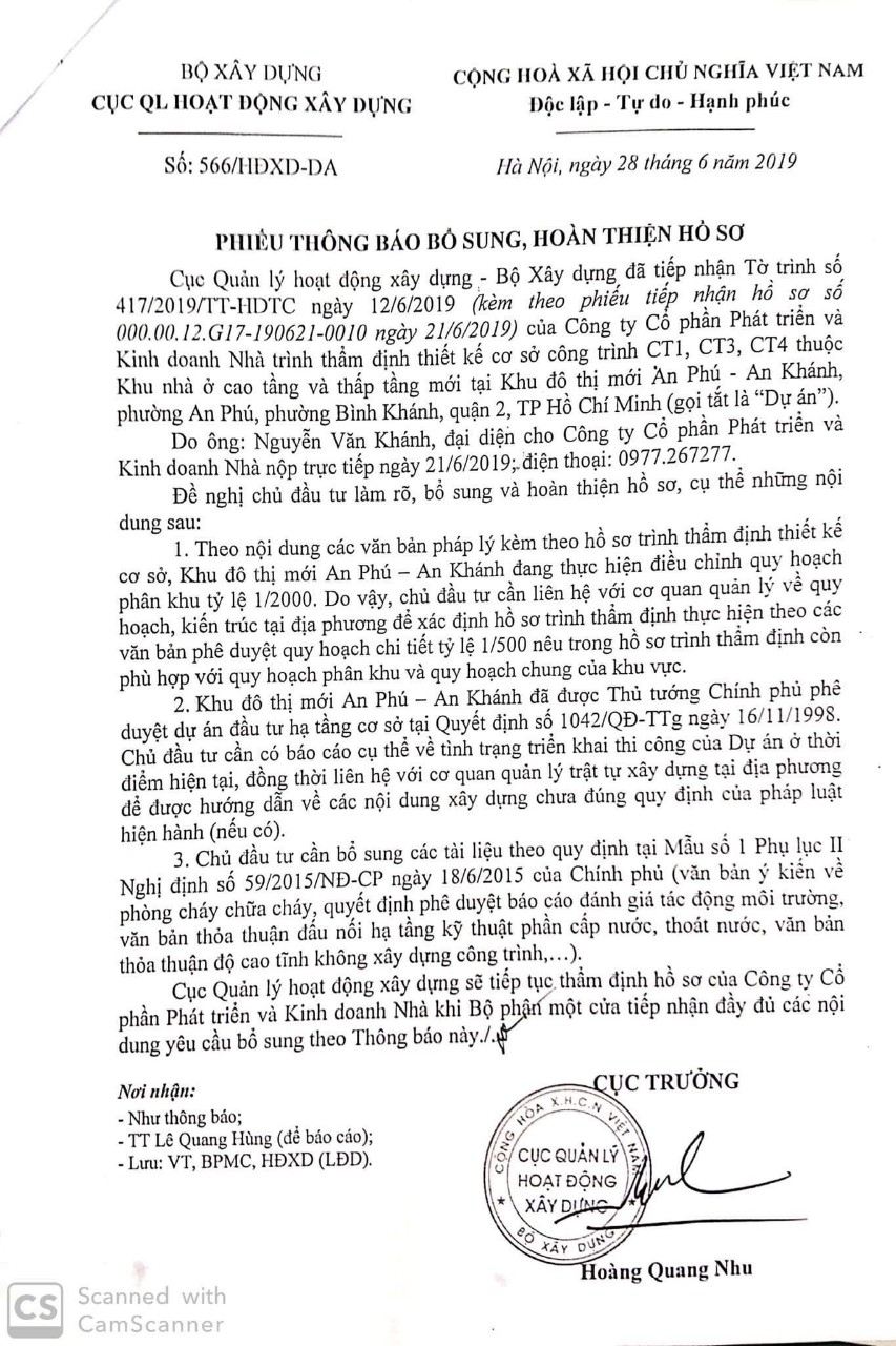 Cục QL hoạt động X&acirc;y dựng, Bộ X&acirc;y dựng c&oacute; th&ocirc;ng b&aacute;o số 566/HĐXD-DA gửi tới C&ocirc;ng ty HDTC về bổ sung ho&agrave;n thiện hồ sơ