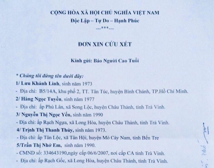 Đơn của những nạn nh&acirc;n gửi B&aacute;o Người cao tuổi.