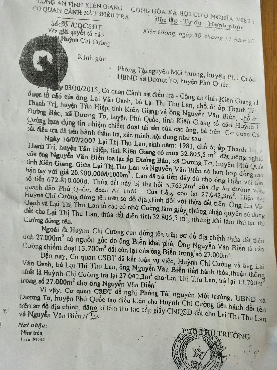 Th&ocirc;ng báo k&ecirc;́t lu&acirc;̣n của Cơ quan CSĐT c&ocirc;ng tỉnh Ki&ecirc;n Giang