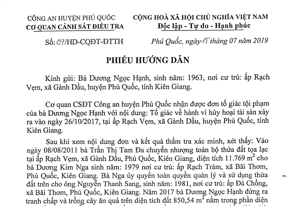 Phiếu hướng dẫn số 197/HD-CQĐT-ĐTTH ng&agrave;y 15/7/2019, của Cơ quan CSĐT C&ocirc;ng an huyện Ph&uacute; Quốc.