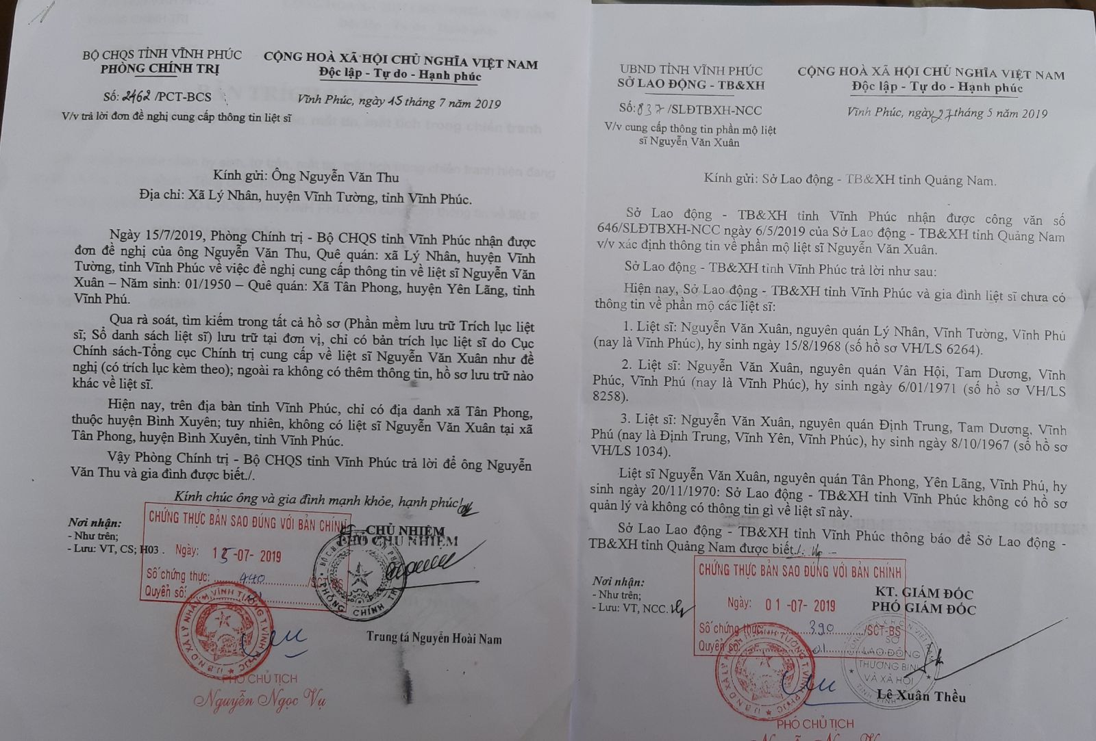 Sở LĐ-TB&amp;XH tỉnh Vĩnh Ph&uacute;c v&agrave; Bộ CHQS tỉnh Vĩnh PH&uacute;c đều x&aacute;c nhận kh&ocirc;ng quản l&yacute; hồ sơlieetj sĩ Nguyễn Văn Xu&acirc;n qu&ecirc; x&atilde; T&acirc;n Phong, huyện Y&ecirc;n L&atilde;ng