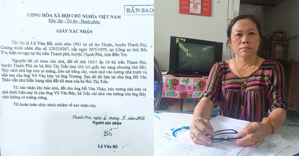 Văn bản của &ocirc;ng Bồ khẳng định, nh&agrave; &ocirc;ng b&aacute;n cho &ocirc;ng Thảo l&agrave; mượn bức v&aacute;ch hiện tại của &ocirc;ng Bảy (cha b&agrave; Linh). B&agrave; Linh cho rằng, &ocirc;ng Thảo mua lại nh&agrave; chủ cũ đ&atilde; mượn v&aacute;ch nh&agrave; b&agrave;, nay lại cho rằng gia đ&igrave;nh b&agrave; x&acirc;m lấn đất.