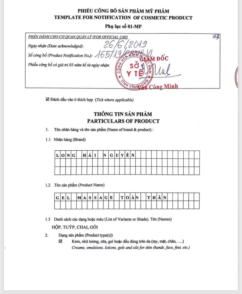 Phiếu c&ocirc;ng bố số 165/19/CBMP &ndash; VL c&oacute; dấu mộc đỏ của Sở Y tế tỉnh Vĩnh Long