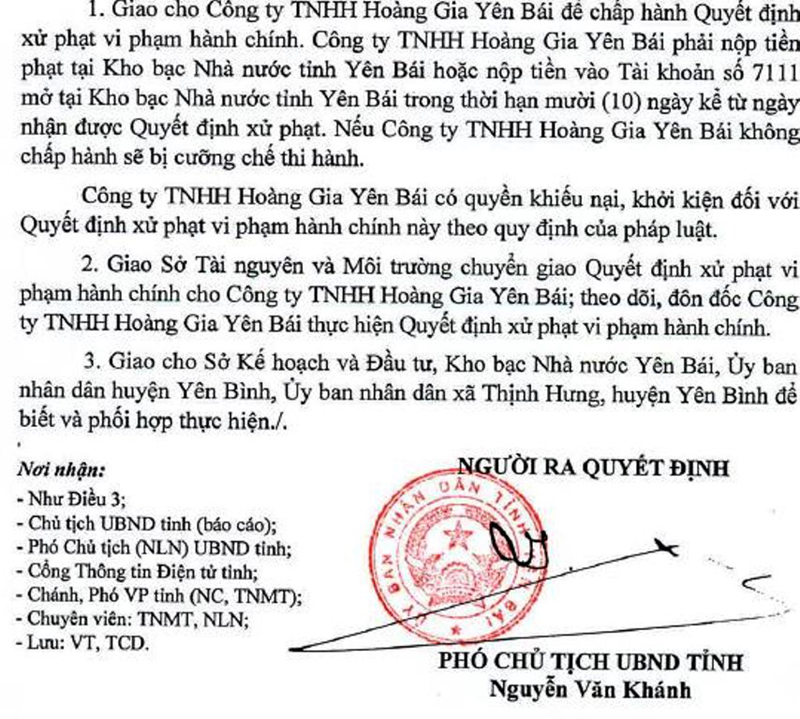 Quyết định xử phạt của UBND tỉnh Y&ecirc;n B&aacute;i.