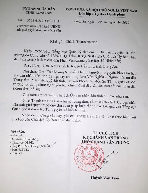 Chủ tịch UBND tỉnh Long An chỉ đạo Thanh tra tỉnh li&ecirc;n quan đến việc c&aacute;c hộ d&acirc;n tố c&aacute;o nguy&ecirc;n Ph&oacute; Chủ tịch UBND tỉnh Nguyễn Thanh Nguy&ecirc;n