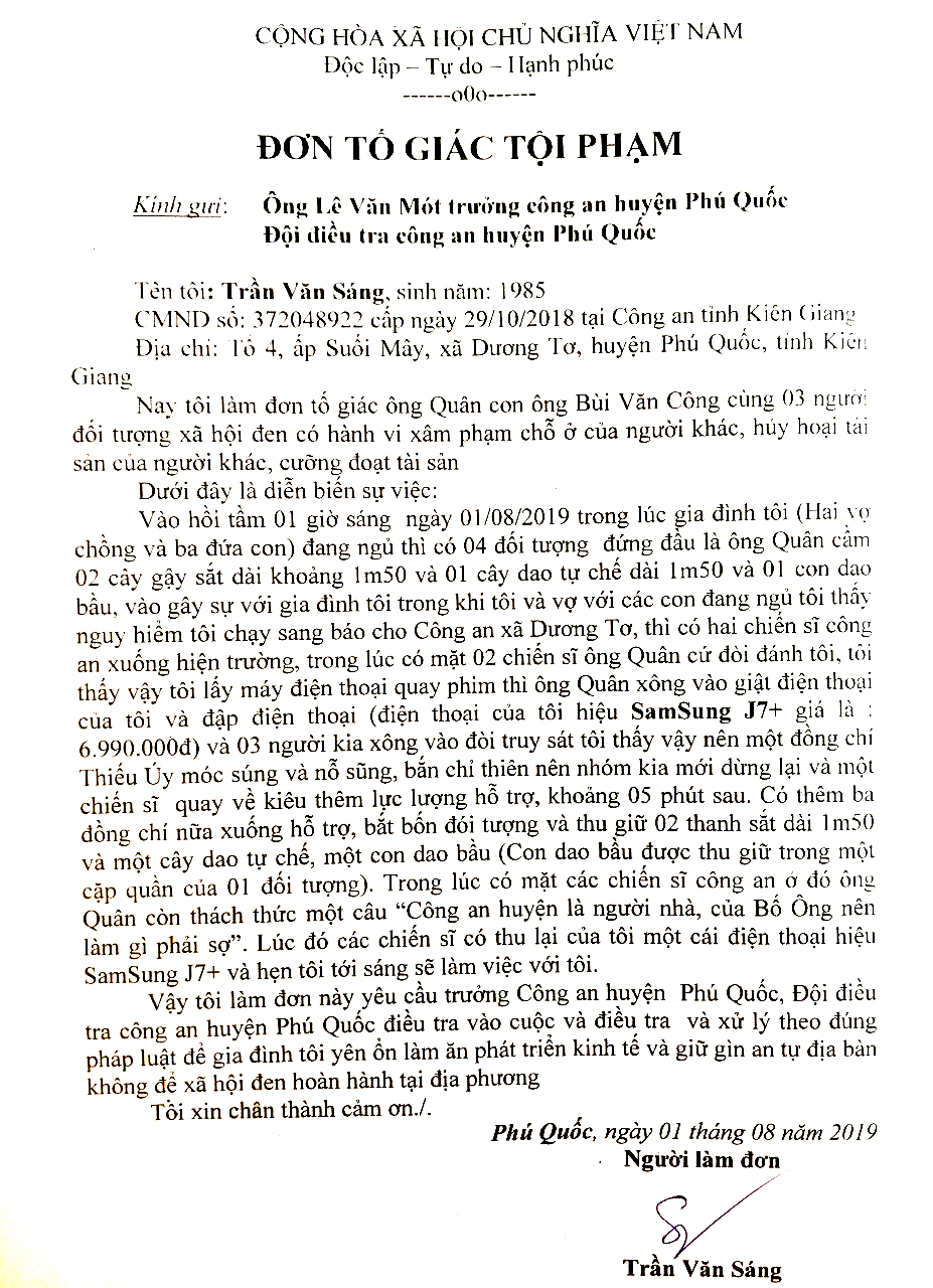 Đơn tố gi&aacute;c tội phạm anh S&aacute;ng gửi cơ quan chức năng