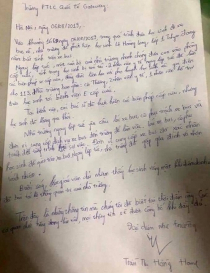 Trường Gateway tường trình việc một học sinh lớp 1 tử vong trên xe đưa đón