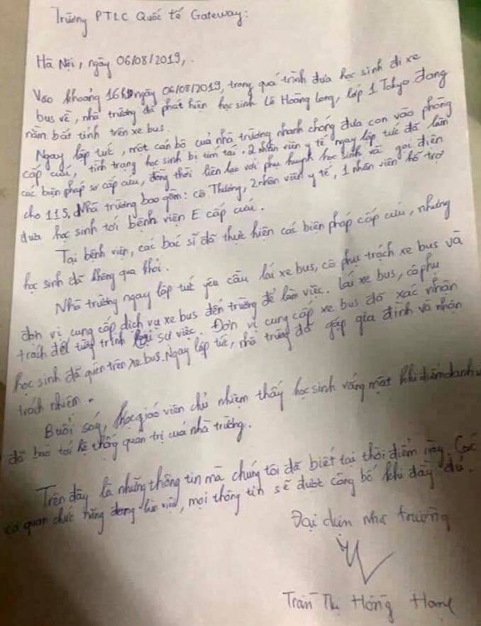 Trường Gateway tường trình việc một học sinh lớp 1 tử vong trên xe đưa đón