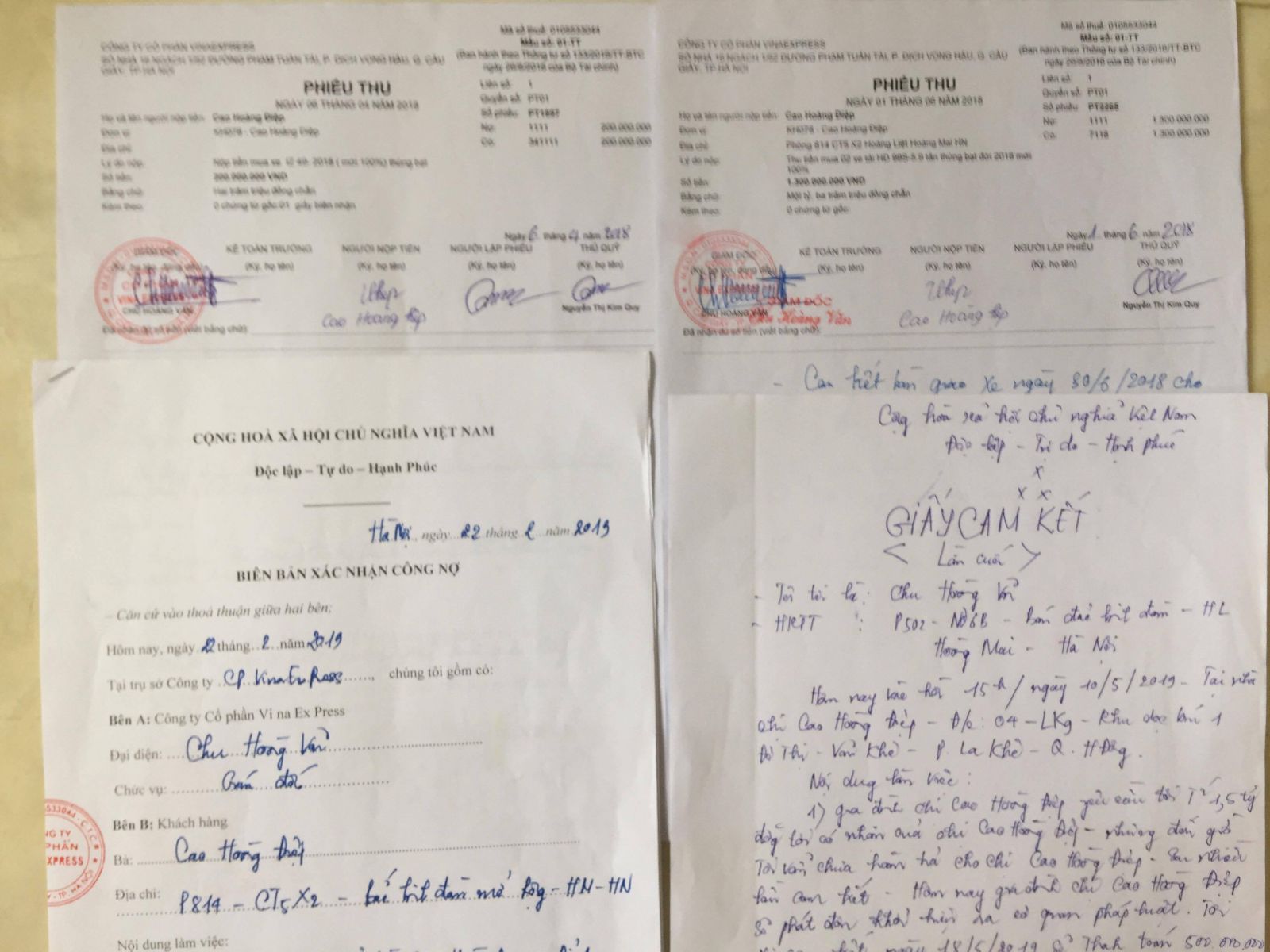 C&aacute;c phiếu thu thể hiện b&agrave; Điệp đ&atilde; đưa cho &ocirc;ng Văn số tiền 1.5 tỷ đồn