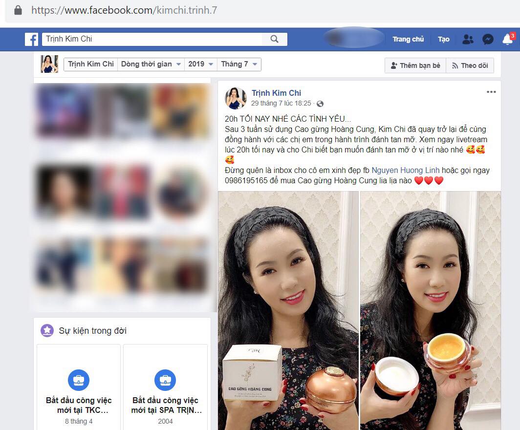 1.Trang c&aacute; nh&acirc;n tr&ecirc;n mạng x&atilde; hội facebook được cho l&agrave; của nghệ sĩ Trịnh Kim Chi c&oacute; giới thiệu ng&agrave;y giờ &ldquo;live tream&rdquo; về sản phẩm Cao gừng Ho&agrave;ng Cung