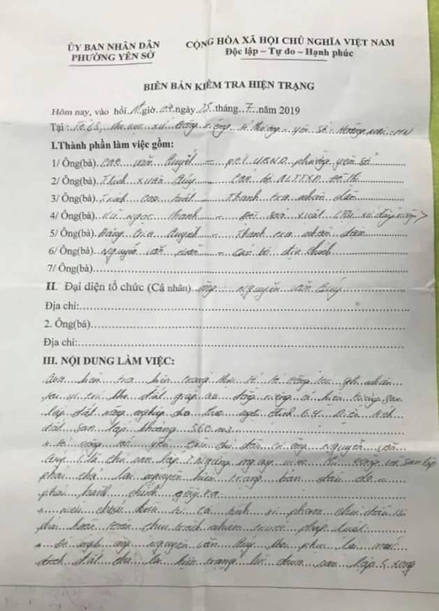 Bi&ecirc;n bản kiểm tra hiện trạng của UBND phường Y&ecirc;n Sở ng&agrave;y 25/7/2019