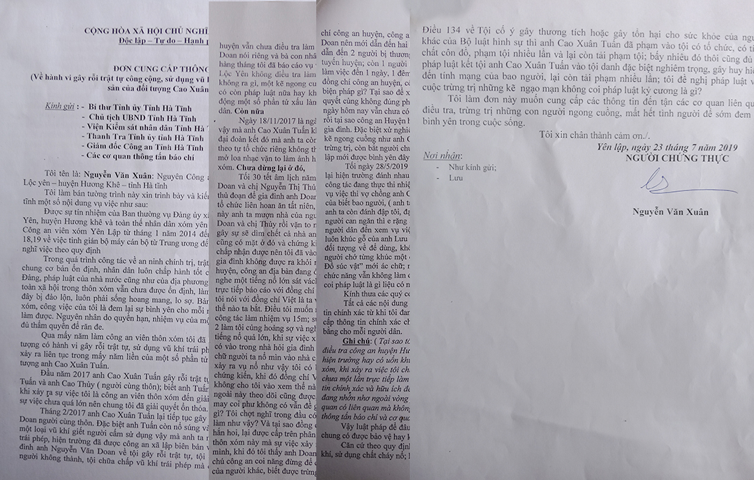 Đơn của &ocirc;ng Xu&acirc;n gửi c&aacute;c l&atilde;nh đạo tỉnh