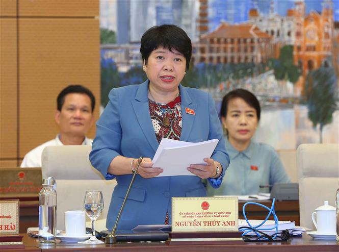 Ủy vi&ecirc;n Ủy ban Thường vụ Quốc hội, Chủ nhiệm Ủy ban Về c&aacute;c vấn đề x&atilde; hội của Quốc hội Nguyễn Th&uacute;y Anh tr&igrave;nh b&agrave;y b&aacute;o c&aacute;o về một số vấn đề c&ograve;n &yacute; kiến kh&aacute;c nhau của dự &aacute;n Bộ luật Lao động (sửa đổi). Ảnh: Do&atilde;n Tấn - TTXVN